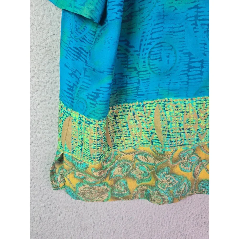 IN Studio Blouse Teal XL Vintage 90s Border Print Boho Side Slits